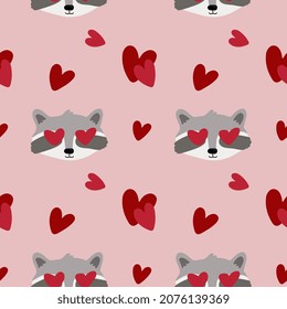 Seamless pattern with raccoons, hearts. Background for wrapping paper, textile, posters, cards. Happy Valentine's day. 