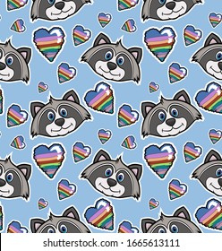 Patrón sin problemas con mapaches y corazones multicolores. sobre un fondo azul. ilustración de existencias