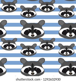 Seamless pattern. Raccoons on a background of blue and white stripes