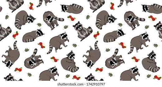 Seamless pattern of raccoons. Vector illustration with raccoons in different poses. Image of animals and apples with leaves.