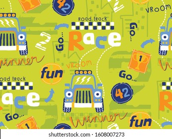 seamless pattern of race car elements cartoon