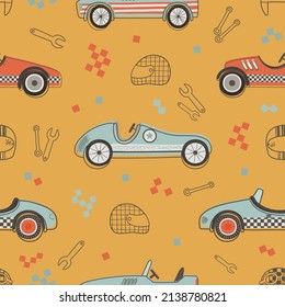 Seamless pattern with race car and outlined elements on mustard background. Racing digital background with vector hand drawn elements. Seamless pattern for kids fabric, textile and scrapbook paper.