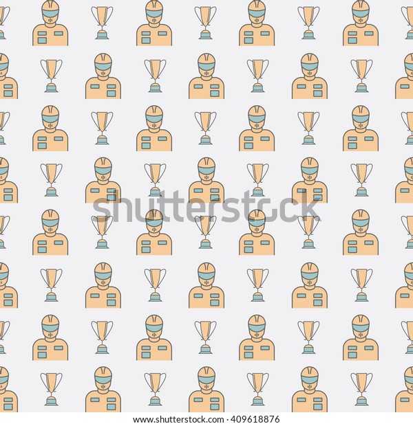Seamless
pattern of the racer in helmet with
trophy