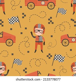 Seamless pattern with racer kid and race car on mustard background. Racing digital background with vector hand drawn elements. Seamless pattern for kids fabric, textile and scrapbook paper.