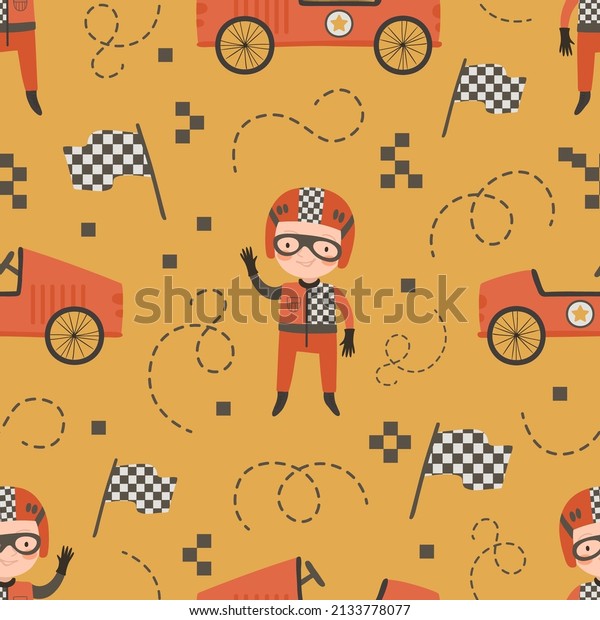 Seamless pattern with racer kid and race car on\
mustard background. Racing digital background with vector hand\
drawn elements. Seamless pattern for kids fabric, textile and\
scrapbook paper.