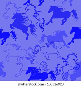 Seamless pattern of racing blue horses 