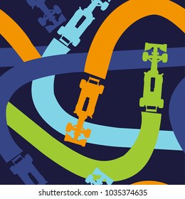 Seamless pattern with racing cars and tracks. Multicolored pattern for textiles, fabrics, clothes, wrapping paper, backpack, bedclothes, wallpaper, web backpacks.