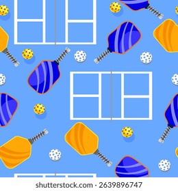 Seamless pattern rackets ball for the popular game of pickleball blue background court outlines multi-colored harmoniously combined rackets cheerful bright cheerful colors Vector
