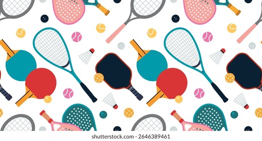 Padrão perfeito com raquetes, alavancas e bolas para vários esportes. Design dinâmico e divertido para jogos de verão ou produtos de estilo de vida ativos. Ilustração vetorial sobre fundo branco, desenhado à mão, plano