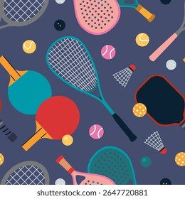 Seamless pattern with rackets, paddles and balls for various sports. Dynamic and fun design for summer games or active lifestyle products. Vector illustration on blue background, hand drawn, flat
