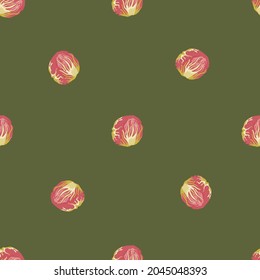 Nahtloses Muster Radicchio-Salat auf grünem Hintergrund. Minimalistische Ornamente mit rosafarbenem Salat. Geometrische Pflanzenvorlage für Gewebe. Design, Vektorgrafik.