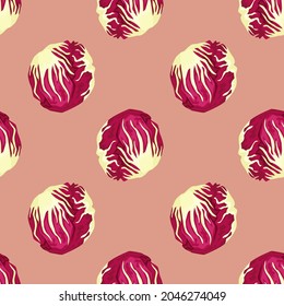 Nahtloses Muster Radicchio-Salat auf pastellrosa Hintergrund. Modernes Ornament mit Salat. Diagonalpflanzenschablone für Gewebe. Design, Vektorgrafik.