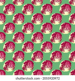Seamless pattern Radicchio salad on teal background. Simple ornament with red lettuce. Geometric plant template for fabric. Design vector illustration.