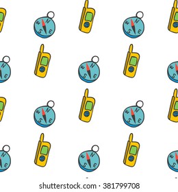 Seamless pattern with a radio and a compass. Extreme sport illustration.