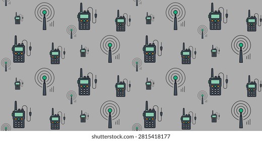 Seamless pattern of radio devices and signal icons in blue and gray colors representing wireless communication and telecommunication technology visuals