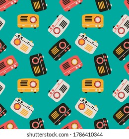 Seamless pattern with radio. Flat design. Vector stock illustration isolated on blue background.