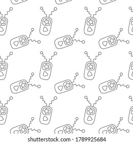 Seamless Pattern With Radio, Walkie-Talkie, Transmitter, Mobile Phone Or MP3 Player In Cartoon Style. Design Element On The Theme Of Communication, Initial Contact. Doodles Vector Illustration