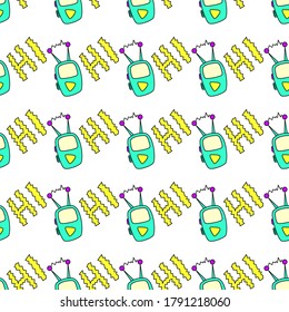 Seamless Pattern With Radio, Walkie-Talkie, Transmitter, Mobile Phone Or MP3 Player In Cartoon Style. Design Element On The Theme Of Communication, Initial Contact. Doodles Vector Illustration