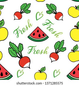 Seamless pattern with radish, apples, watermelon and green Fresh sign. Farm background or texture for wrapping paper, menu etc.