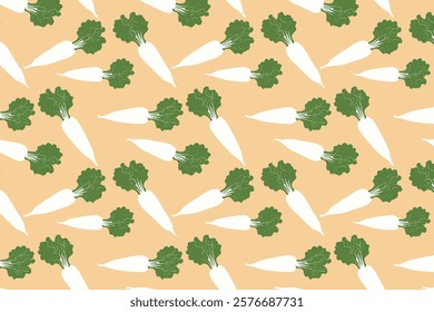 seamless pattern with radish and celery on beige background