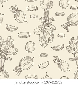 Seamless pattern with radish: full radish and slices. Vector hand drawn illustration