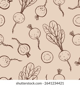 Seamless pattern with radish. Hand drawn vector illustration.