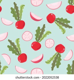 Seamless pattern of radish on blue background. Kitchen concept. Fresh vegetables. Flat illustration.