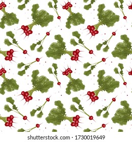 Seamless pattern with radish. Radish on the white background. Organic growing. Small garden radish. Tropical abstract background. Fresh Vegetable, agriculture, Nature.