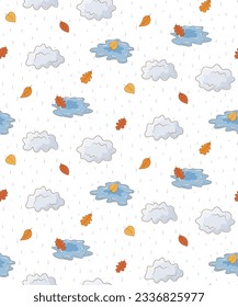 Seamless pattern with rain, clouds and leaf fall, autumn background.
