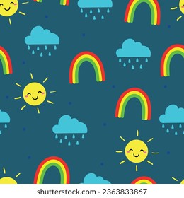 Seamless pattern of rain clouds, rainbow and sun for fabric prints, textiles, gift wrapping paper. colorful vector for children, flat style