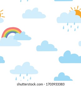 Seamless pattern with rain clouds, the sun and the rainbow. Cute childish background. Flat style. Vector illustration. White background.