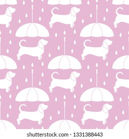 Seamless pattern with rain and dog under an umbrella. Friendship. Animal protection.