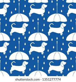 Seamless pattern with rain and dog under an umbrella. Friendship. Animal protection.
