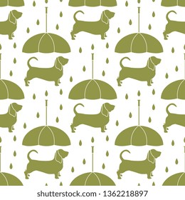 Seamless pattern with rain and dog under an umbrella. Friendship. Animal protection.