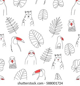 Seamless pattern with rain forest and tropical animals. Fauna characters, beautiful leaves.