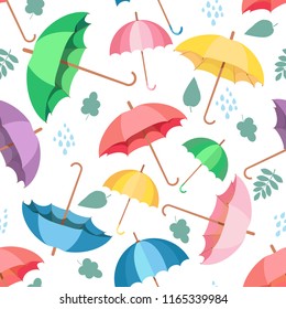 Seamless pattern with rain, leaves and colorful umbrellas . Wallpaper for children room. Weather  background