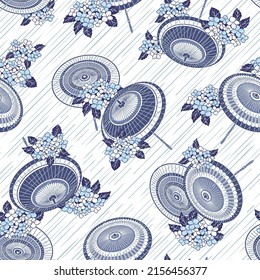 A seamless pattern of rain lines and Japanese umbrellas,