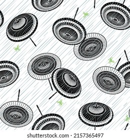 A seamless pattern of rain lines and Japanese umbrellas,