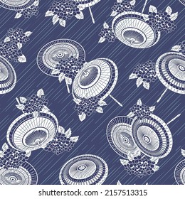 A seamless pattern of rain lines and Japanese umbrellas,