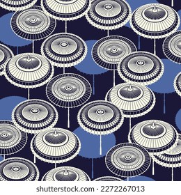 A seamless pattern of rain lines and Japanese umbrellas,