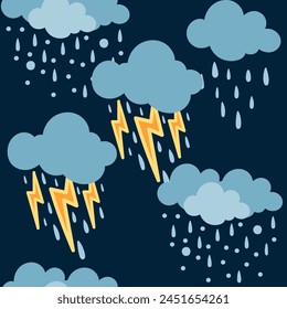 Seamless pattern of rain and snowy clouds with thunder vector illustration on dark background
