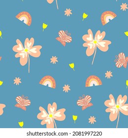 seamless pattern with rainbow and abstract flower,childish print for wallpaper,cover design,kids fabric,nursery interior and birthday decoration,colourful baby shower illustration.