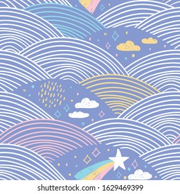 seamless pattern rainbow abstract scales, sky clouds stars, simple Nature doodle lines scandinavian style background. Nursery decor trend of the season white yellow pink cornflower royal blue. Vector