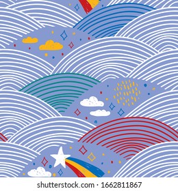 seamless pattern rainbow abstract scales, sky clouds stars, simple Nature doodle lines scandinavian style background. Nursery decor trend of the season white yellow pink cornflower royal blue. Vector