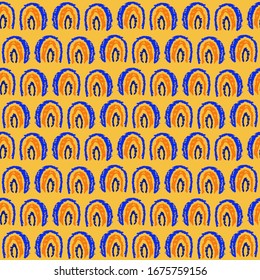 Seamless pattern rainbow abstract scales, sky, simple Nature doodle crayons lines background, blue pink yellow. Can be used for Gift wrap, fabrics, wallpapers scandinavian style Nursery decor. Vector