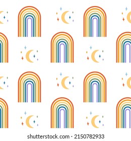 Patrón sin foco con arco iris en el estilo groovy de los años 70 y luna con estrellas. Marco contemporáneo minimalista de estilo boho. Decoración moderna de pared de mediados de siglo con símbolo LGBT. Orgullo. Ilustración del vector