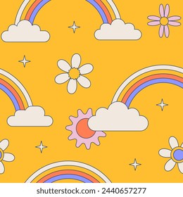 Seamless pattern rainbow arcs with daisy flowers on groovy yellow background vector illustration.