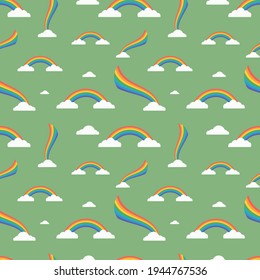 Seamless pattern. Rainbow. Rainbow background. Vector illustration. Stock vector. White cloud. Green background