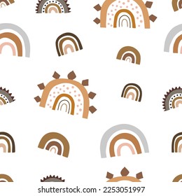 Patrón sin foco con arcoiris en estilo boho. Ilustración vectorial para vivero y decoración textil.