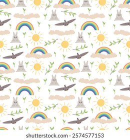 A seamless pattern with rainbow, bunny, bird, sun and branches. 